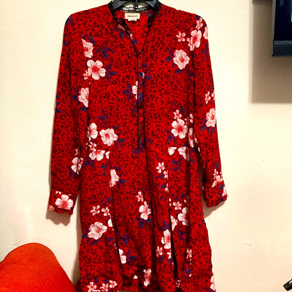 ZADIG & VOLTAIRE RED FLORAL LONG SLEEVE DRESS SMALL